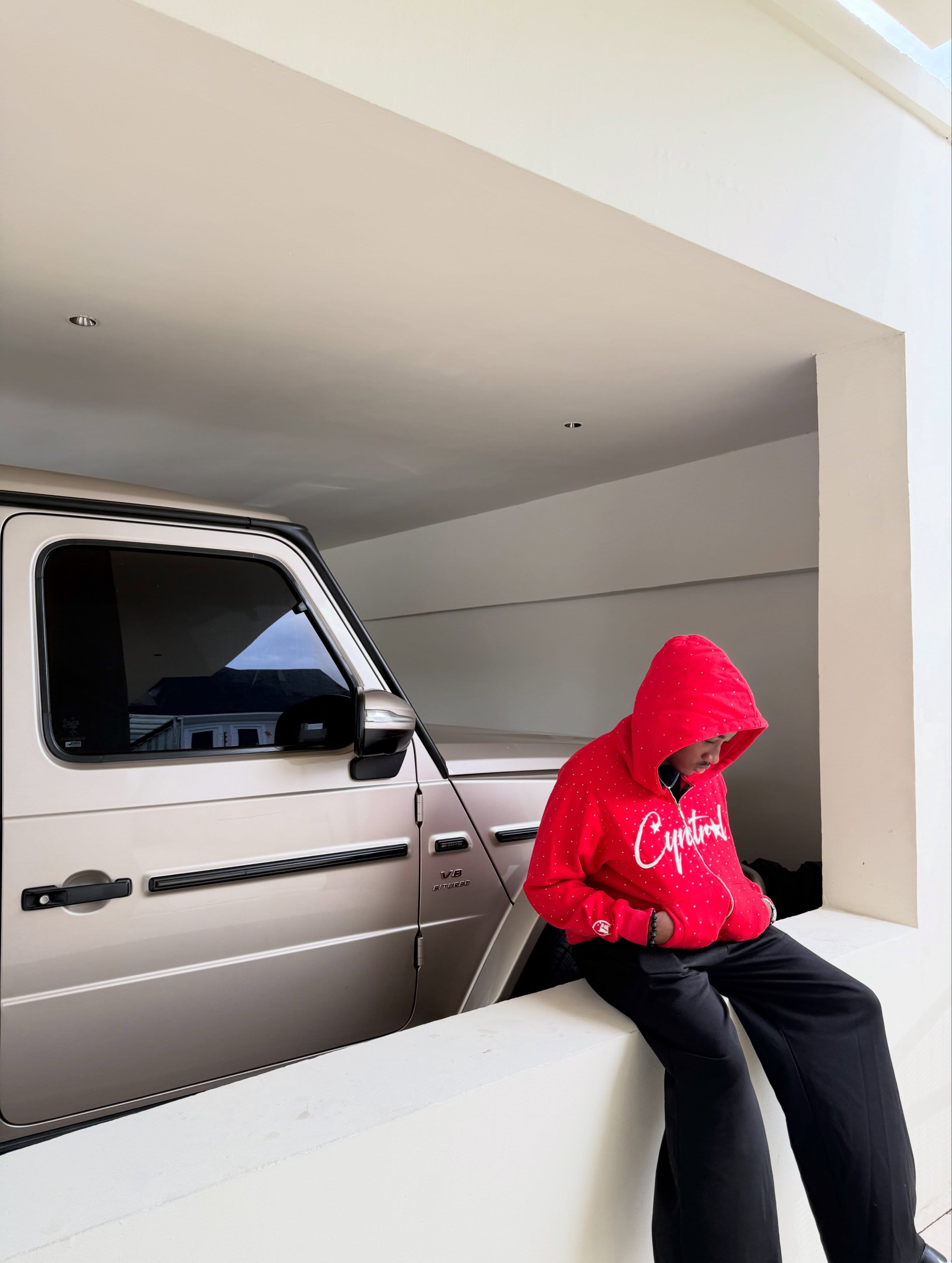 Red hoodie seated in SUV